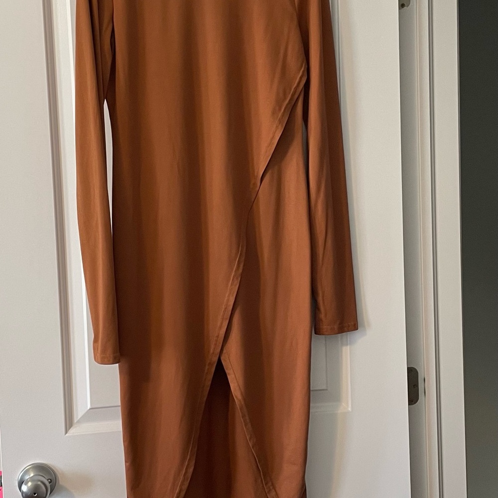 5$ ADD ON! SHEIN Brown Asymmetrical Wrap Long Sleeve Top
